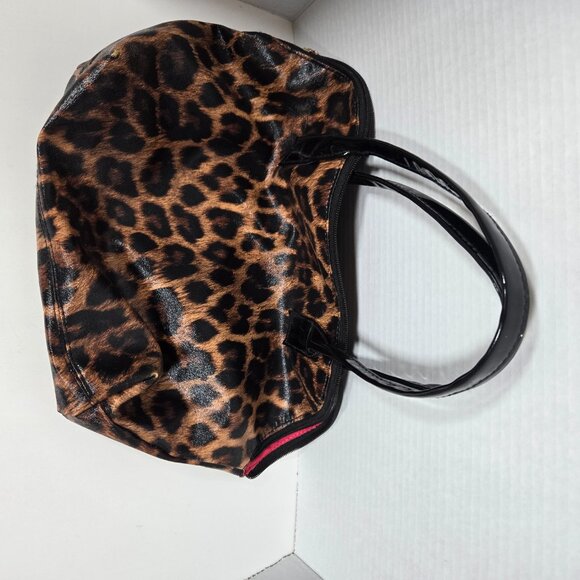 Leopard Hot Pink Interior Zipper Tote Bag Purse Black Handles Elizabeth Arden - Picture 2 of 5